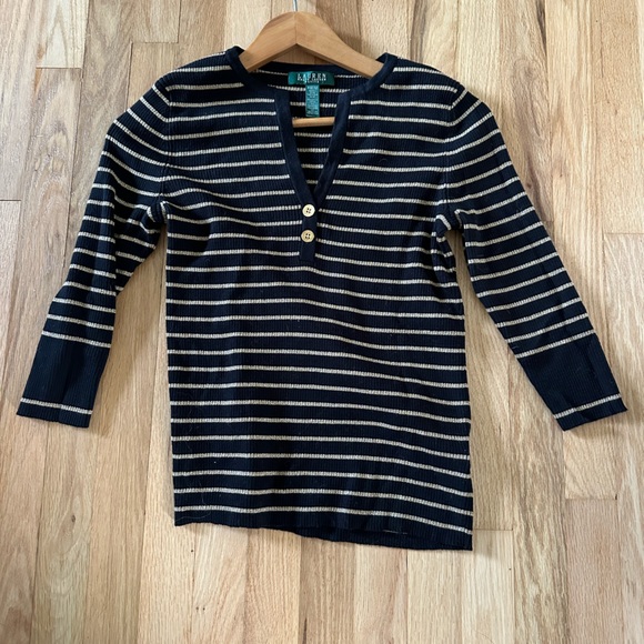 Vintage Ralph Lauren metallic gold and black sweater with 3/4 sleeves V neck - Picture 2 of 6